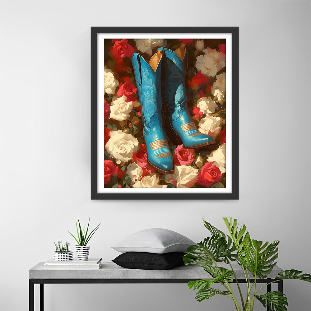 Blauwe Cowboylaarzen te Midden van Rozen Diamond Painting