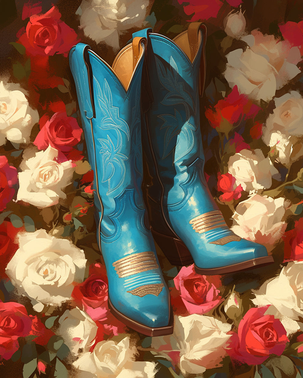 Blauwe Cowboylaarzen te Midden van Rozen Diamond Painting