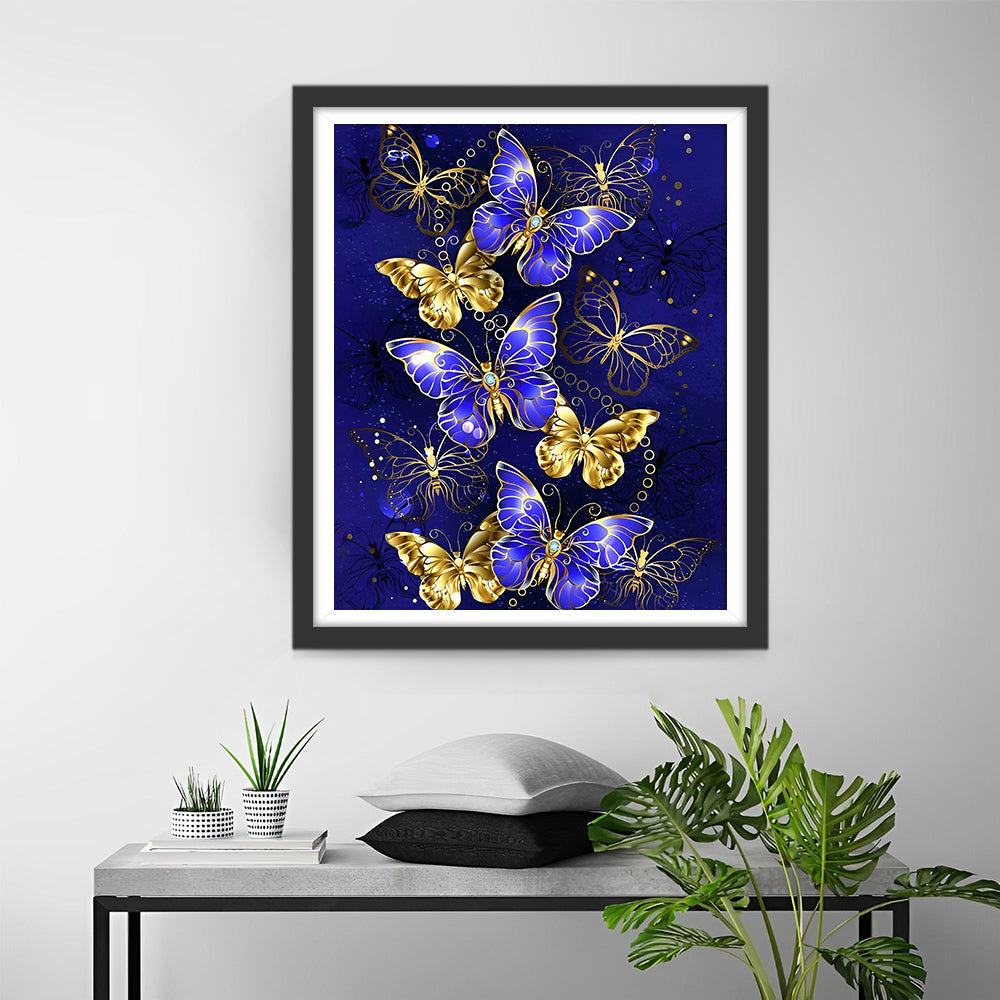 Blauwe en Gouden Vlinders Diamond Painting