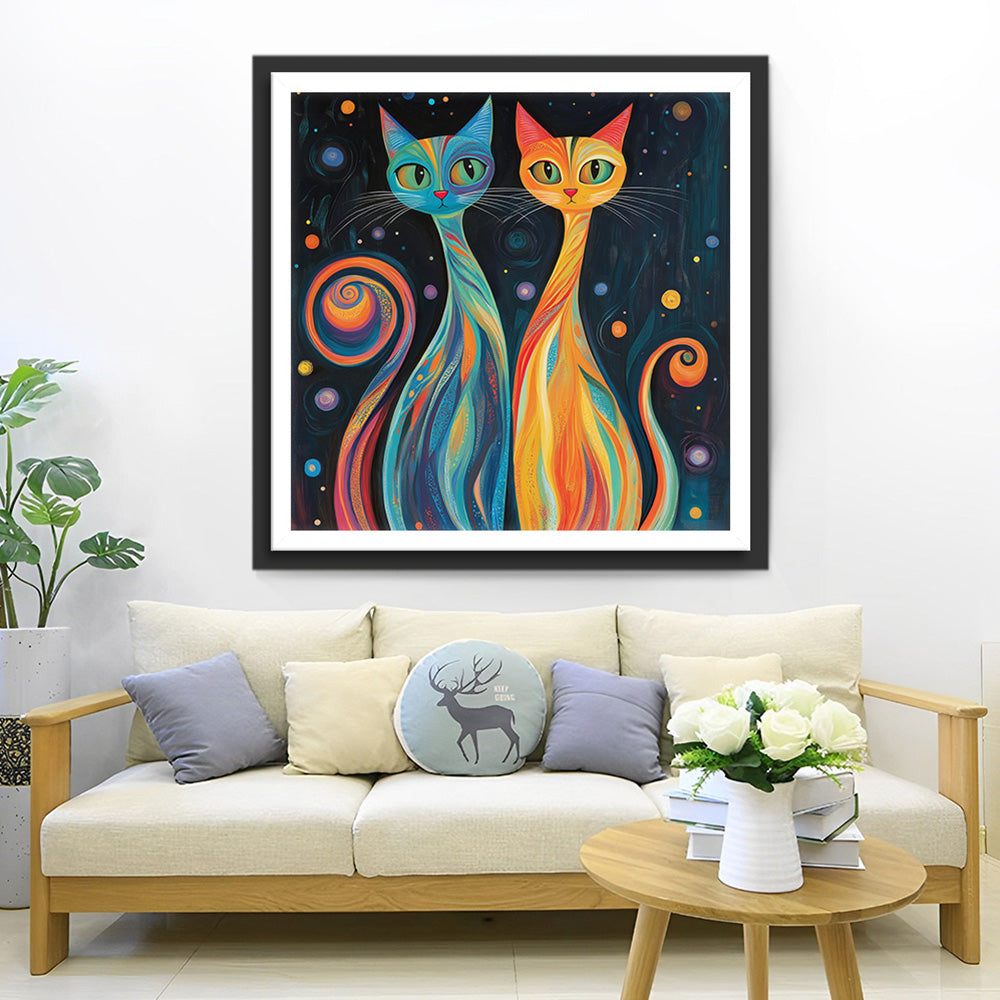 Blauwe en Oranje Abstracte Katten Diamond Painting