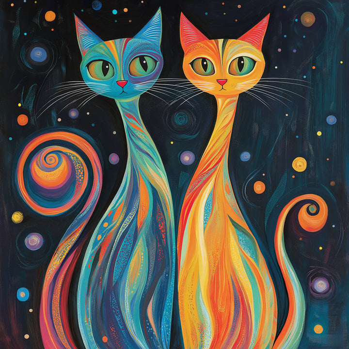 Blauwe en Oranje Abstracte Katten Diamond Painting