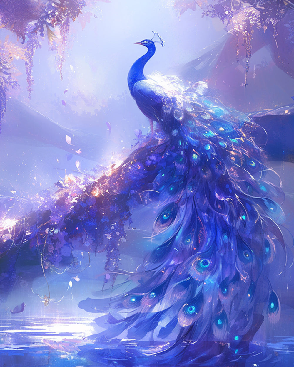 Blauwe en Paarse Pauw in een Dromerig Bos Diamond Painting