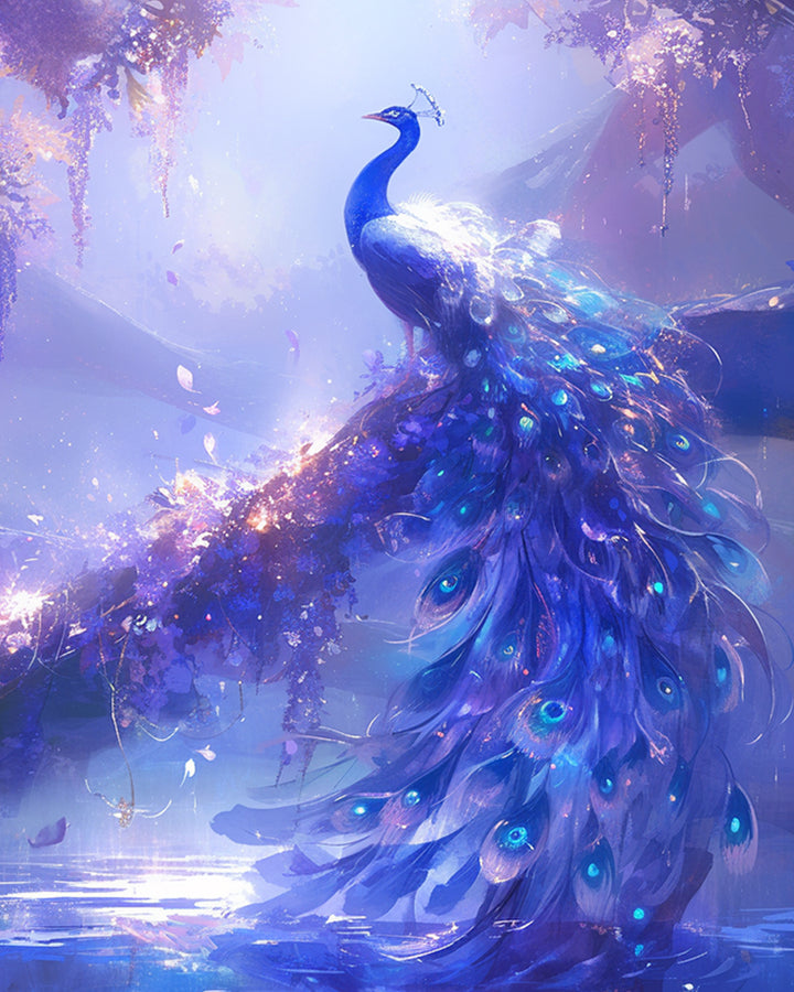 Blauwe en Paarse Pauw in een Dromerig Bos Diamond Painting