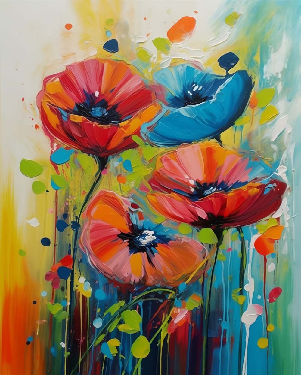 Blauwe en Rode Klaprozen Diamond Painting