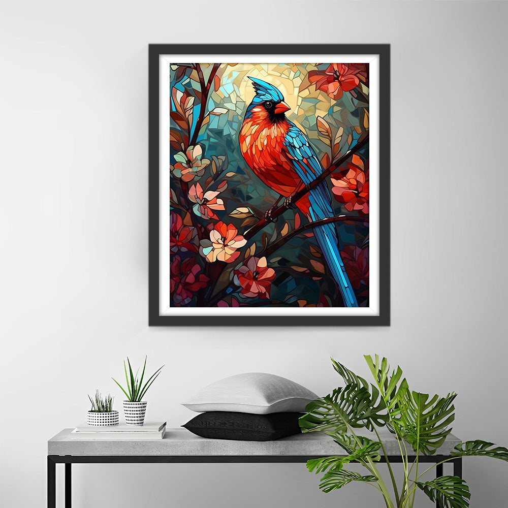 Blauwe en Rode Vogel op Bloementak Diamond Painting