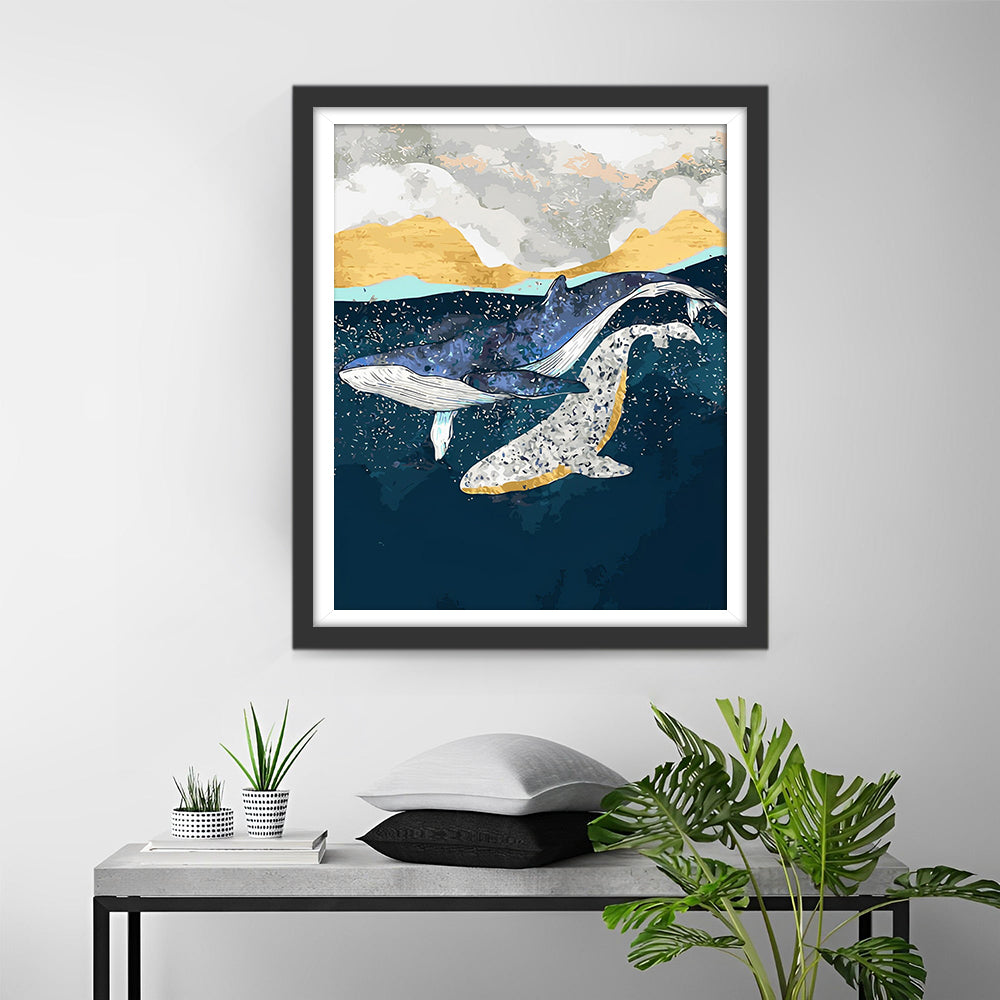 Blauwe en Witte Walvissen Diamond Painting