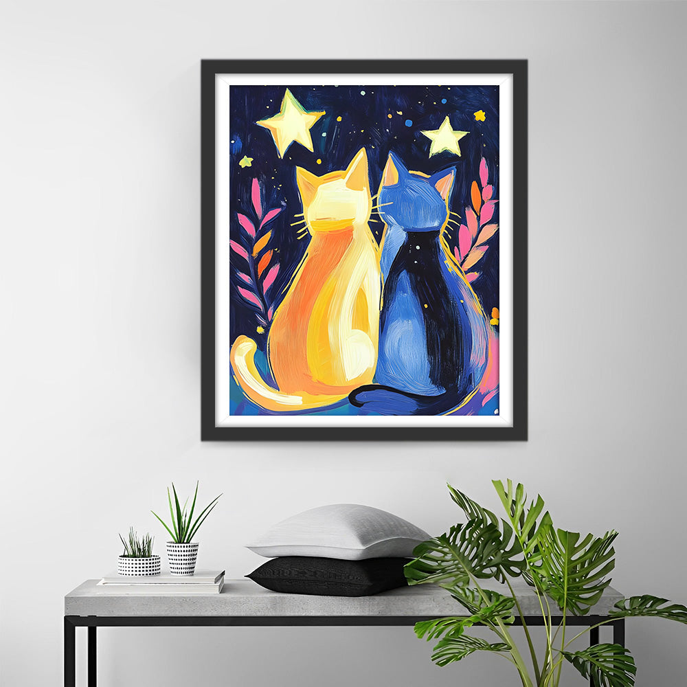 Blauwe Kat en Oranje Kat onder de Sterrenhemel Diamond Painting
