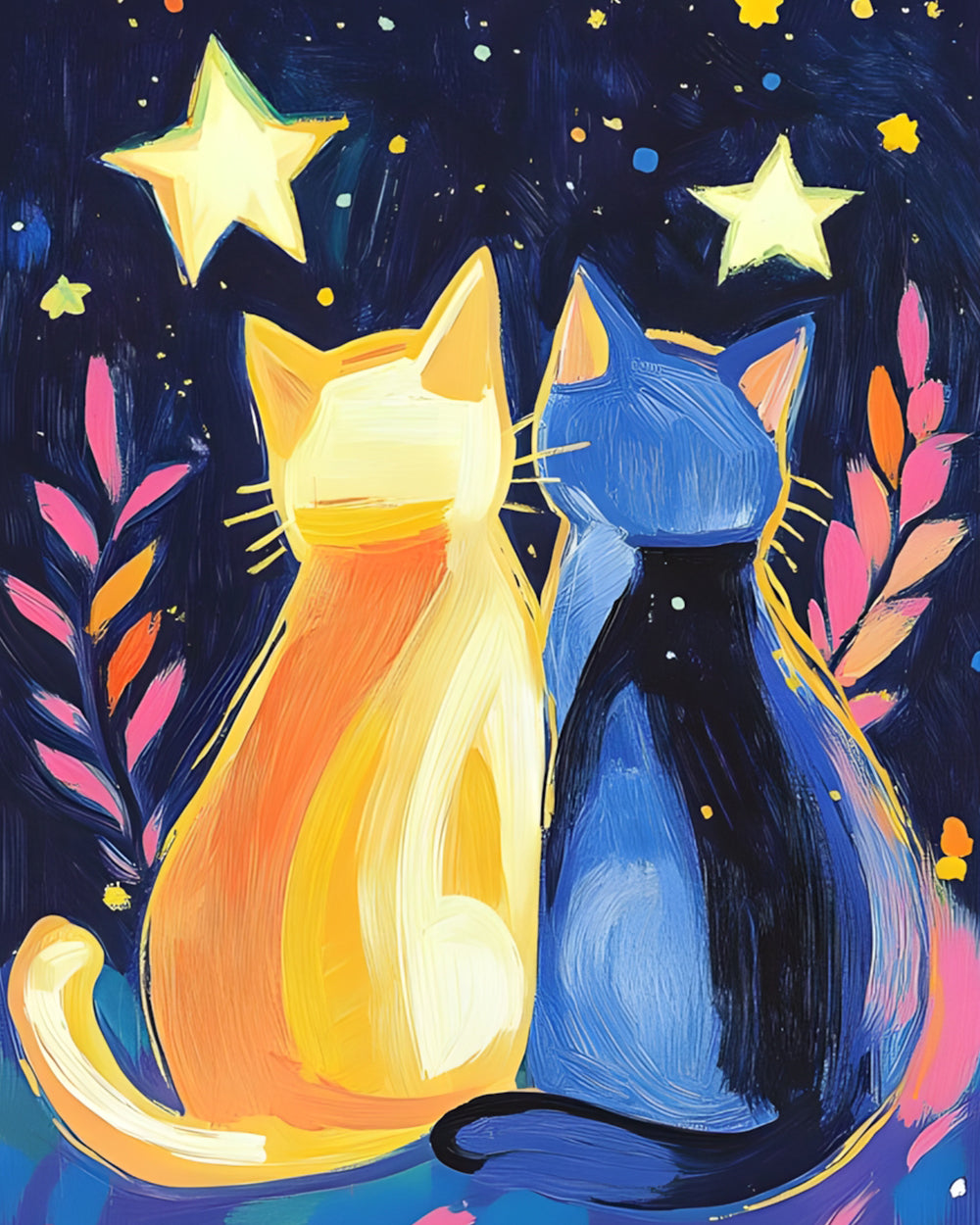 Blauwe Kat en Oranje Kat onder de Sterrenhemel Diamond Painting