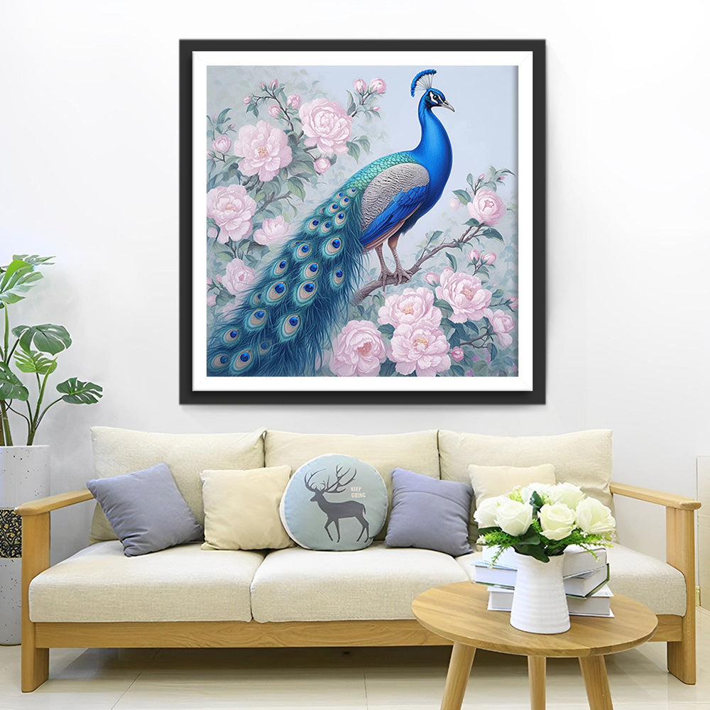 Blauwe Pauw en Roze Pioenroos Diamond Painting