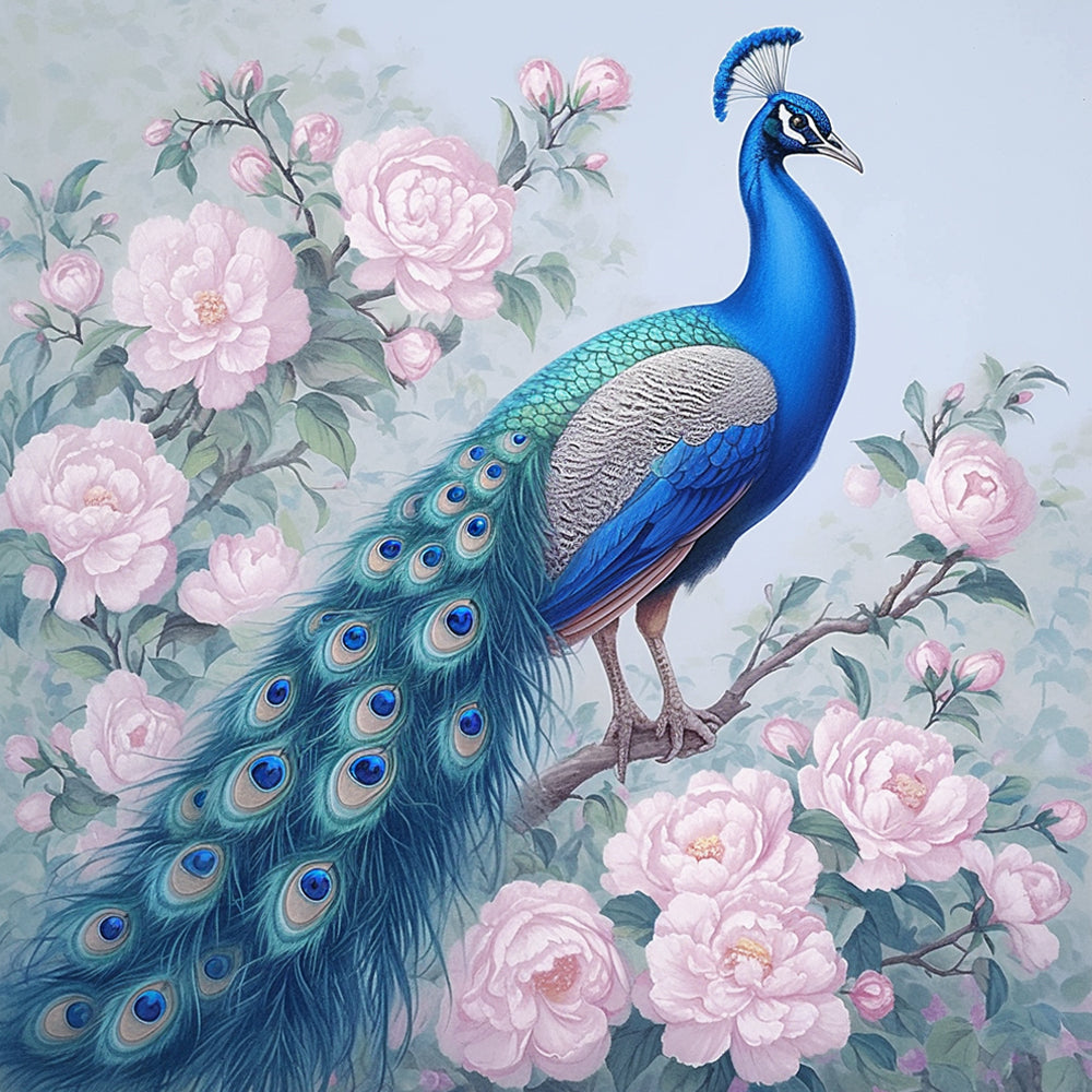 Blauwe Pauw en Roze Pioenroos Diamond Painting