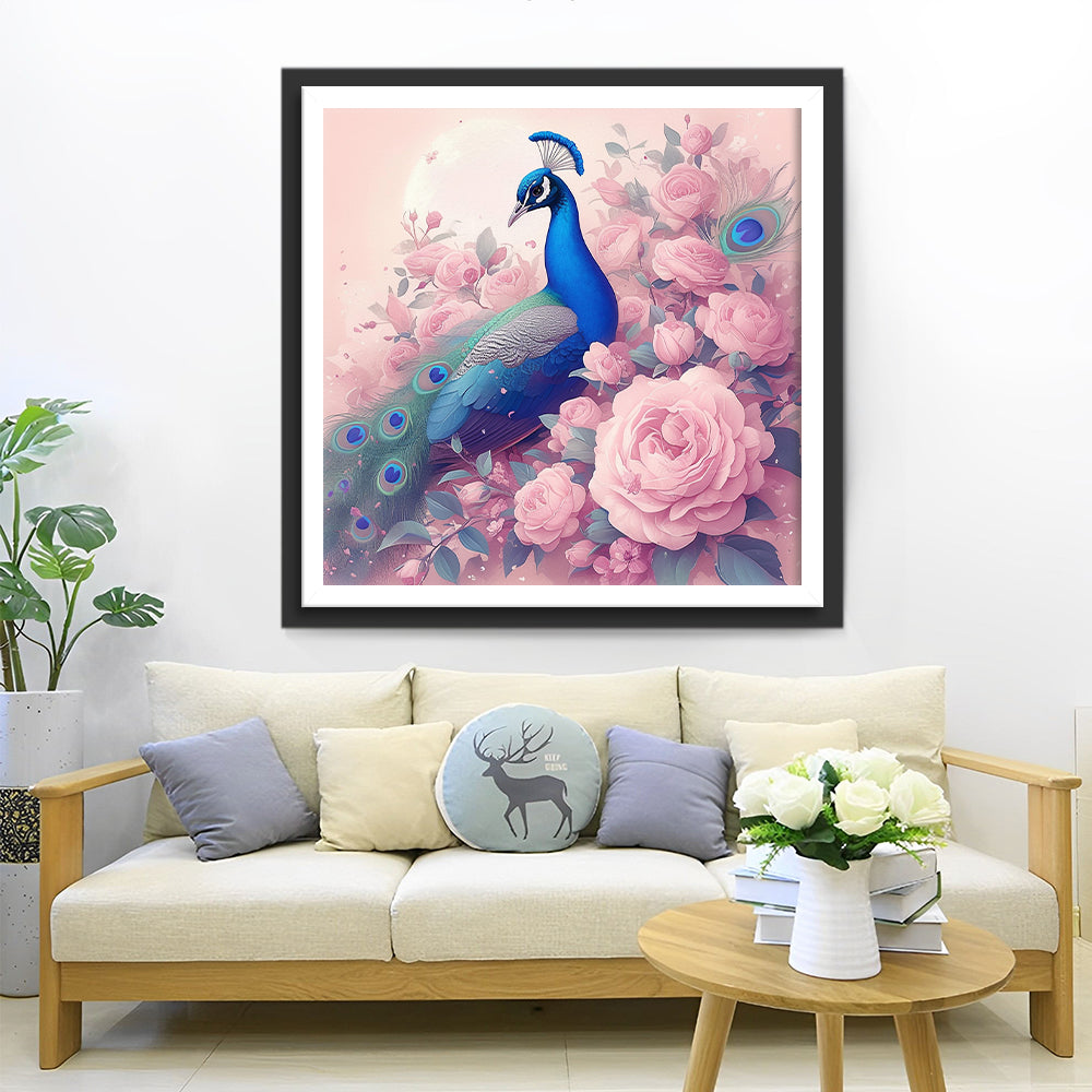 Blauwe Pauw en Roze Rozenstruik Diamond Painting