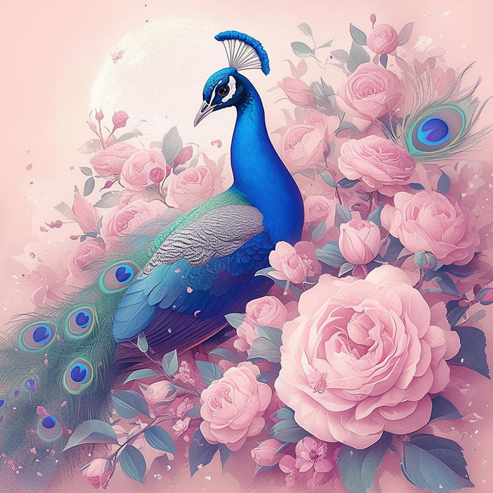 Blauwe Pauw en Roze Rozenstruik Diamond Painting