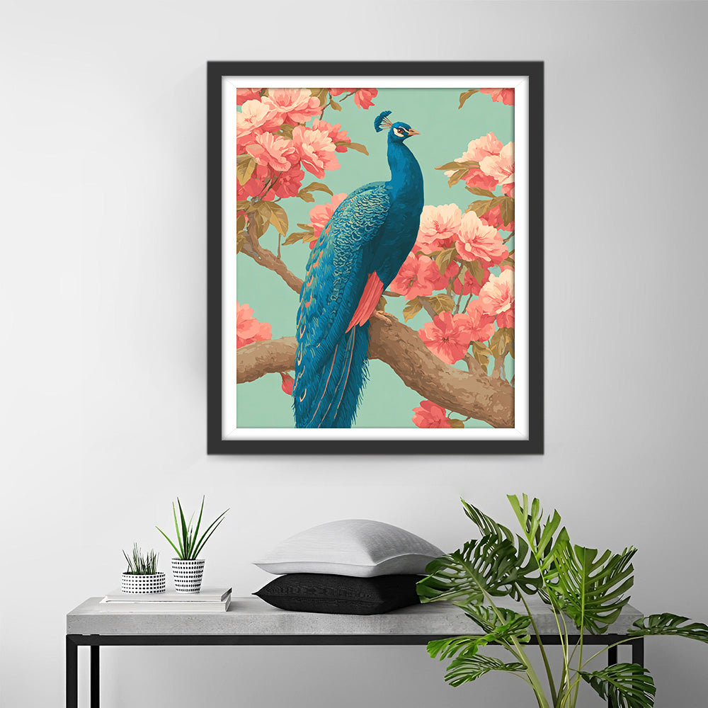 Blauwe Pauw op een Roze Bloeiende Boom Diamond Painting