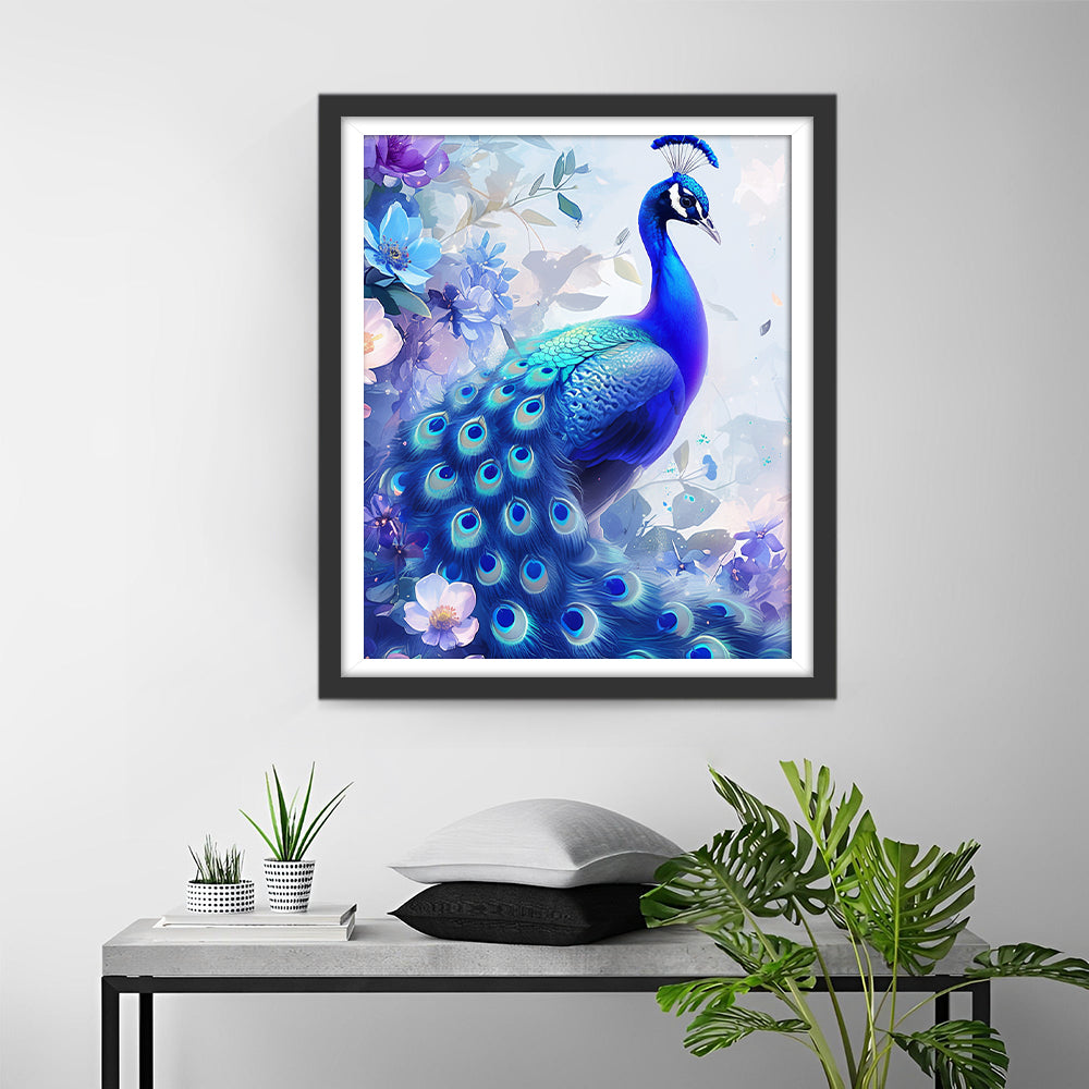 Blauwe Pauw tussen de Bloemen Diamond Painting