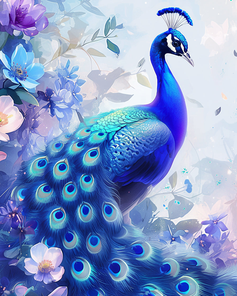 Blauwe Pauw tussen de Bloemen Diamond Painting