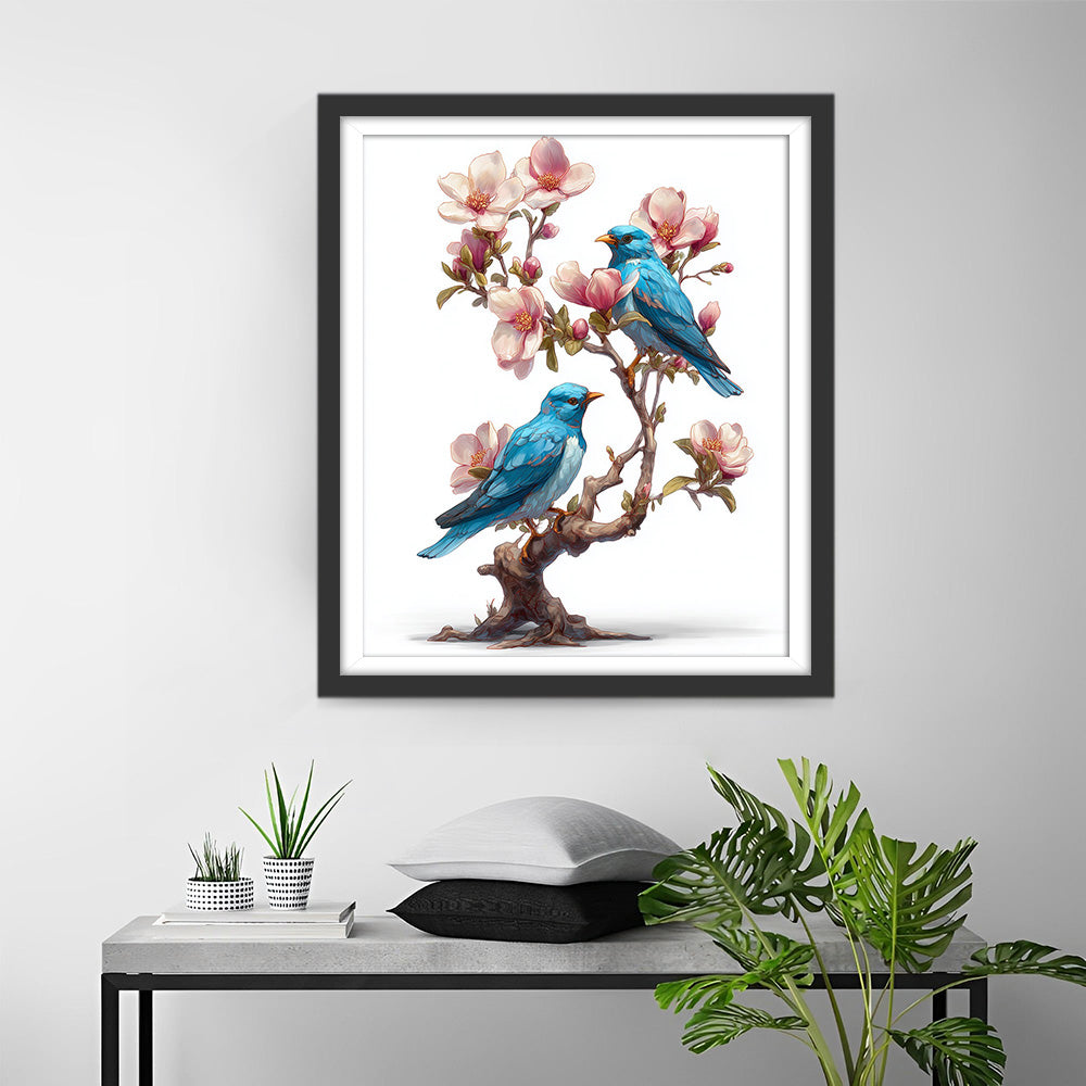 Blauwe Vogels op een Magnolia Tak Diamond Painting