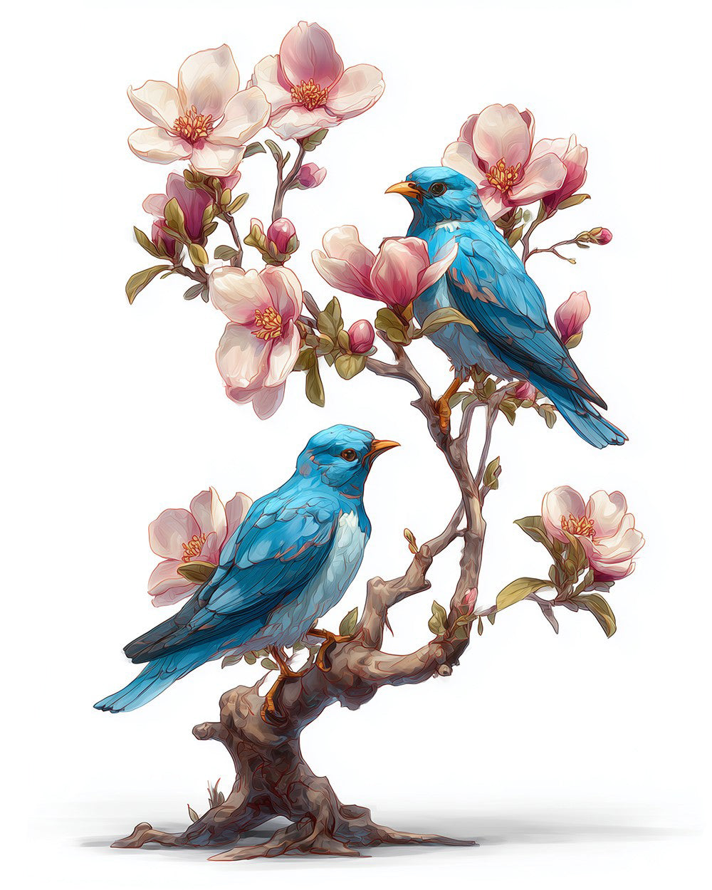 Blauwe Vogels op een Magnolia Tak Diamond Painting