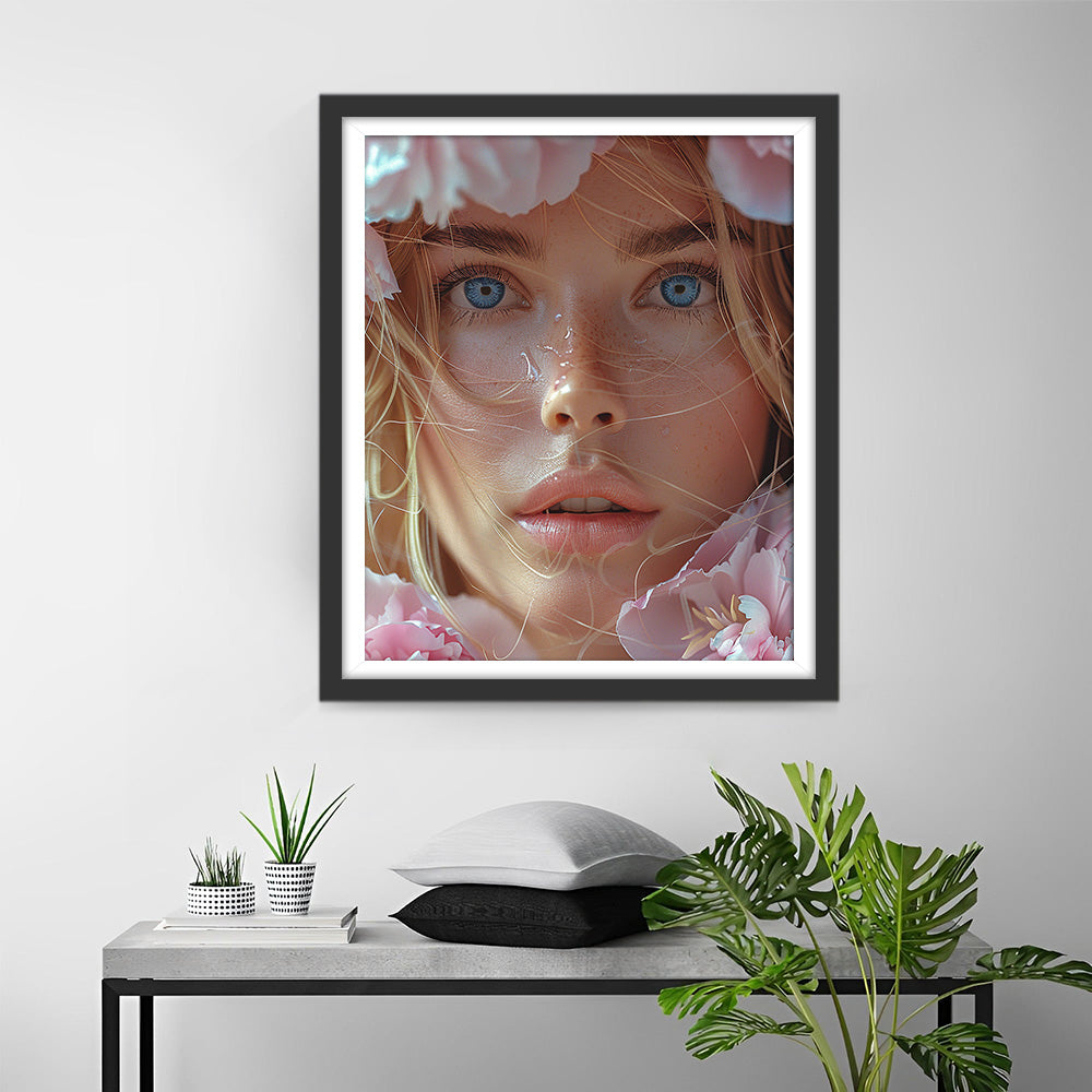 Blauwogige Vrouwen en Roze Bloemen Diamond Painting