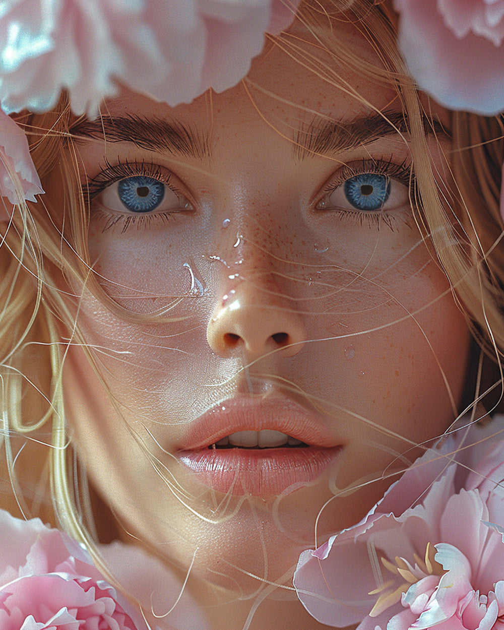 Blauwogige Vrouwen en Roze Bloemen Diamond Painting