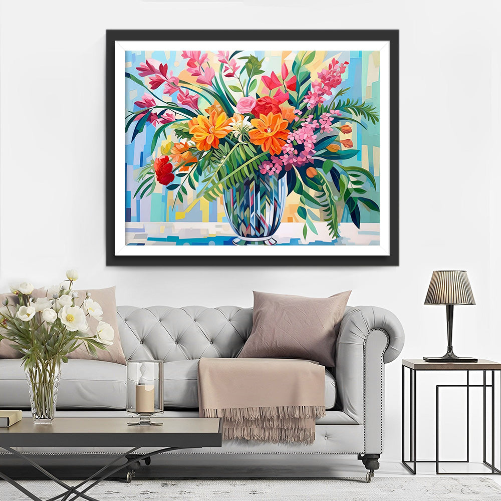 Bloemen en Bladeren Boeket in Glazen Vaas Diamond Painting