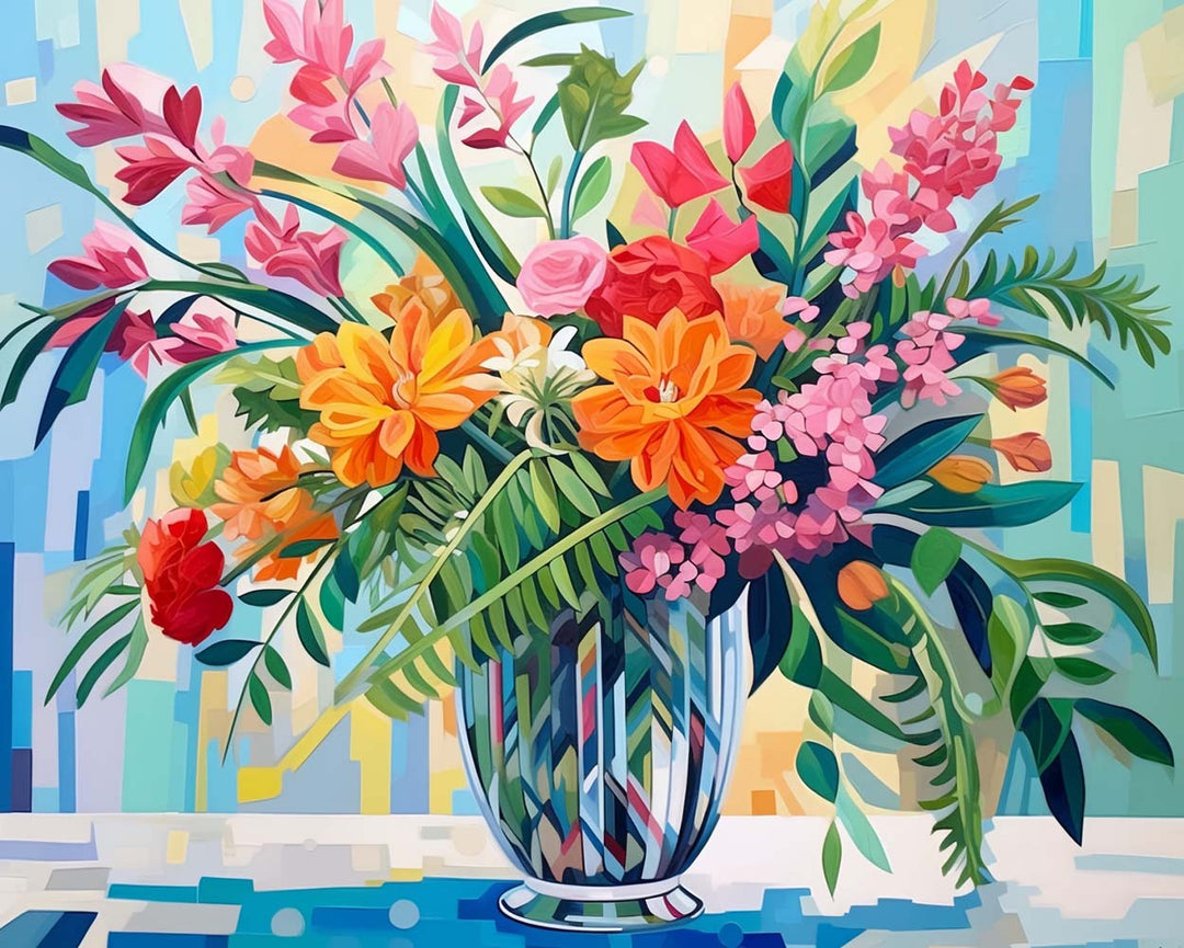 Bloemen en Bladeren Boeket in Glazen Vaas Diamond Painting