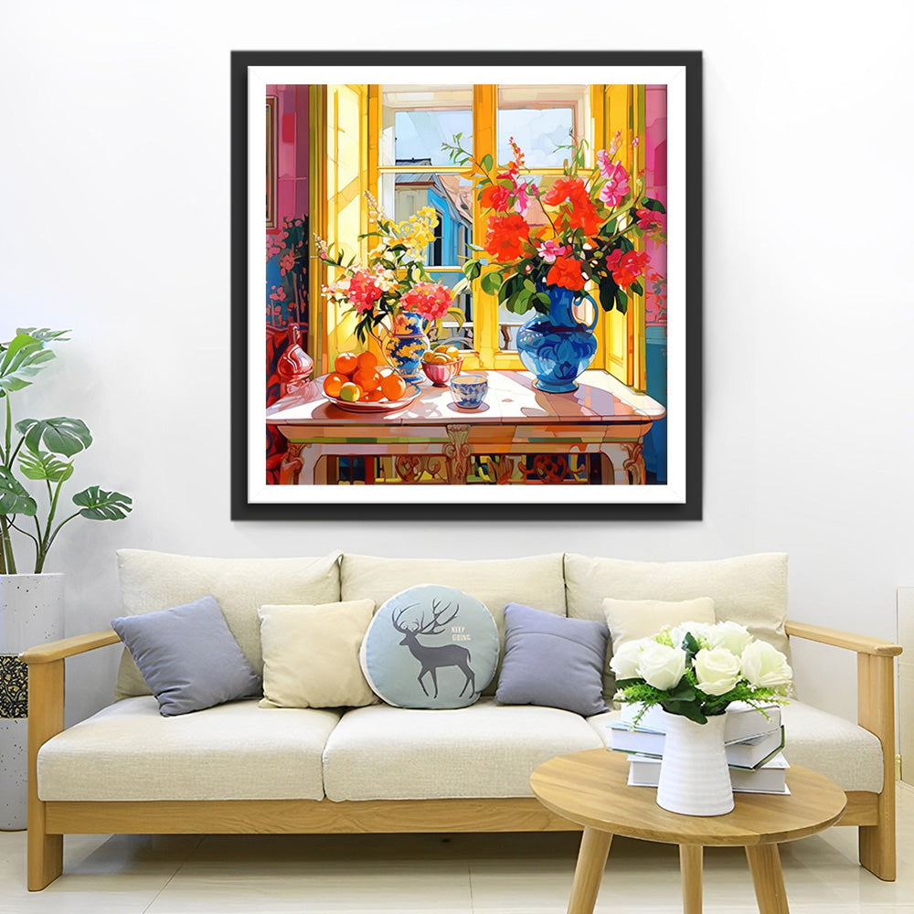 Bloemen en Fruit op de Vensterbank Diamond Painting