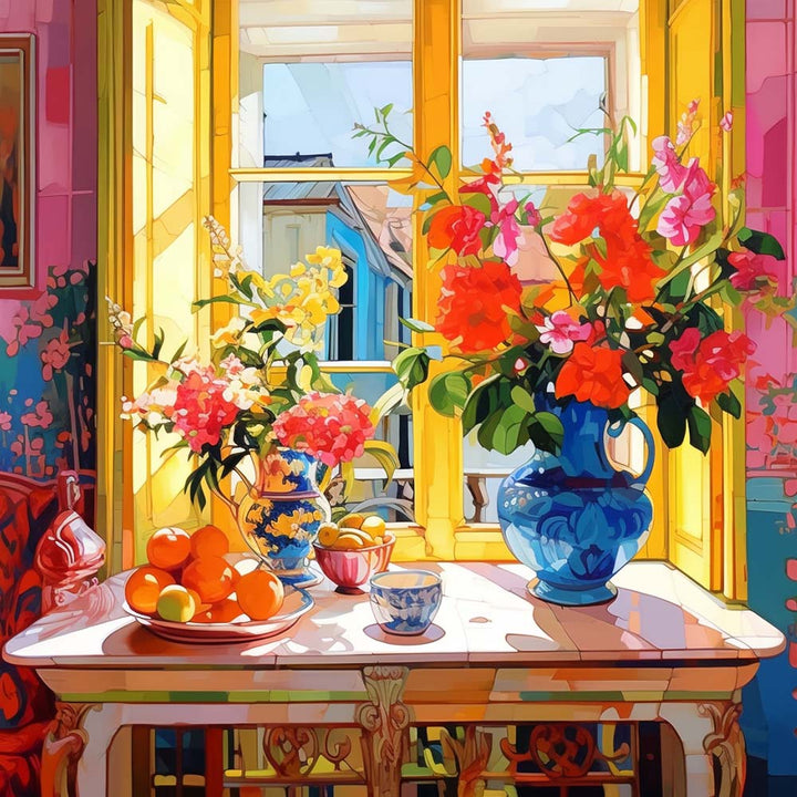 Bloemen en Fruit op de Vensterbank Diamond Painting