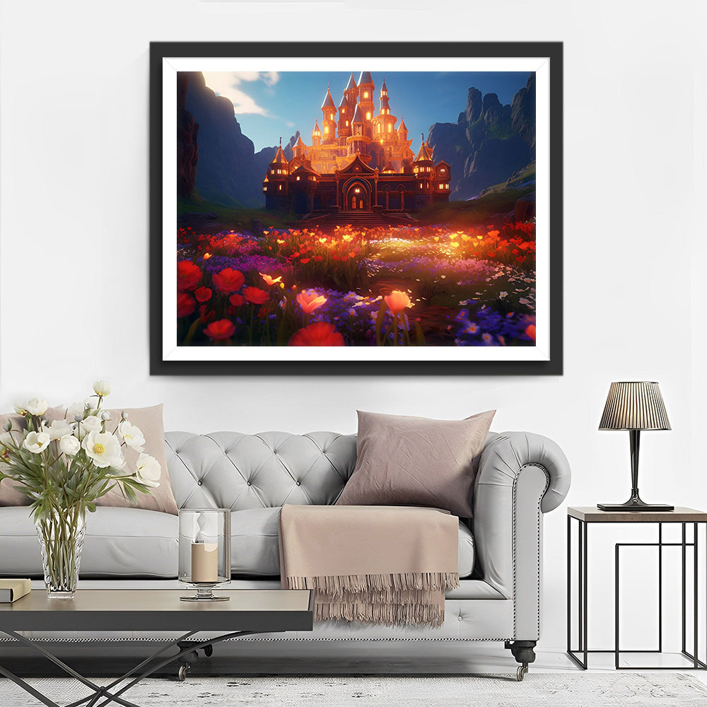 Bloemen en Kasteel Die 's Nachts Gloeien Diamond Painting