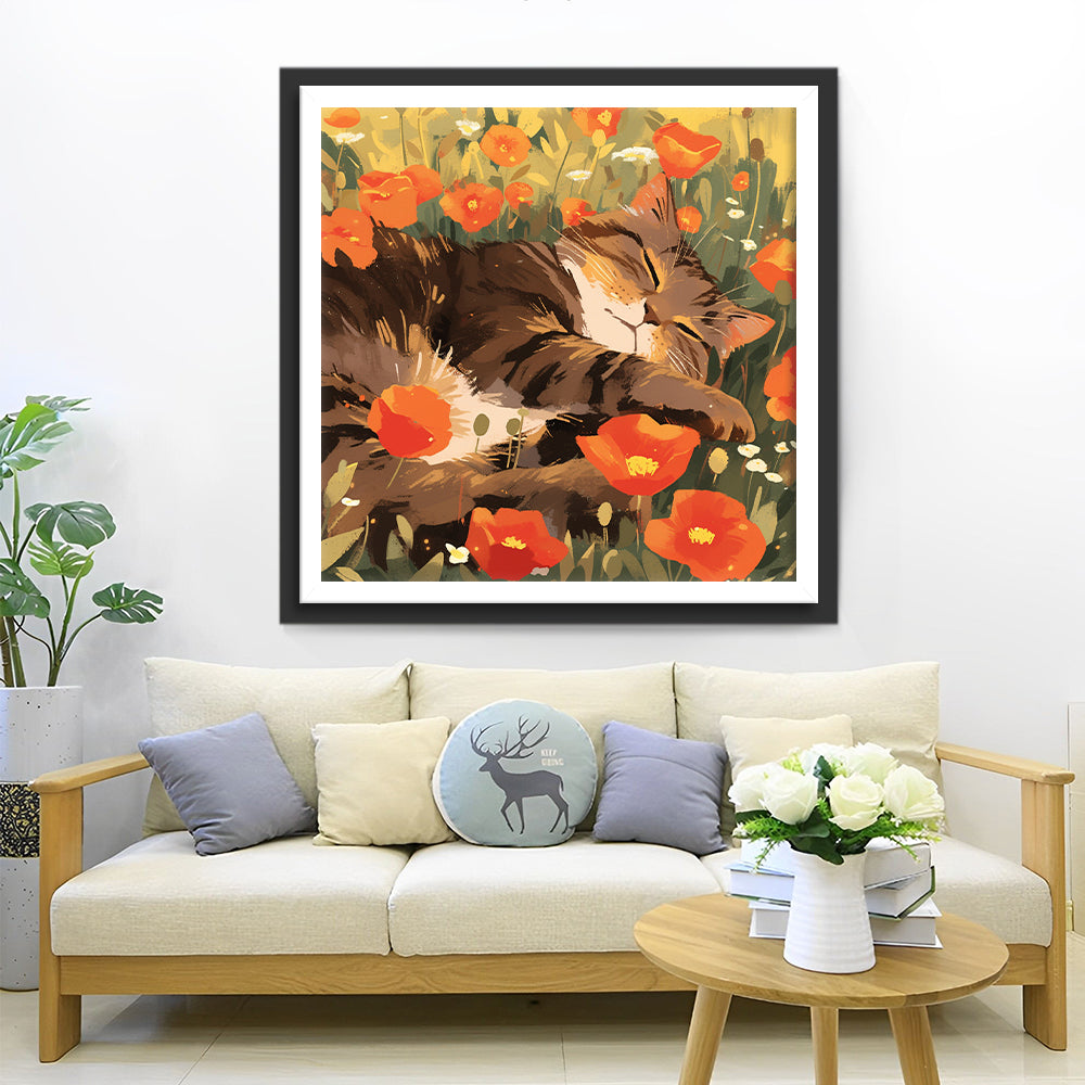 Bloemen en Slapende Kat Diamond Painting