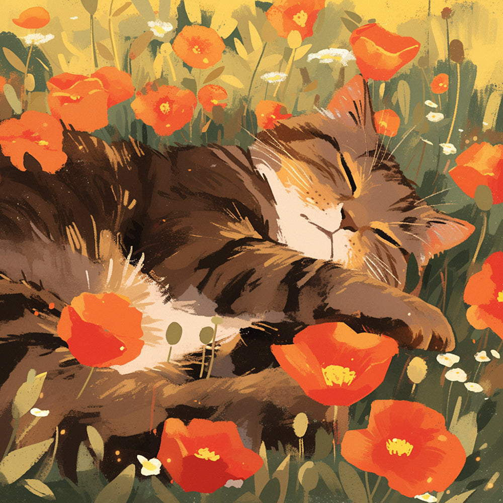 Bloemen en Slapende Kat Diamond Painting