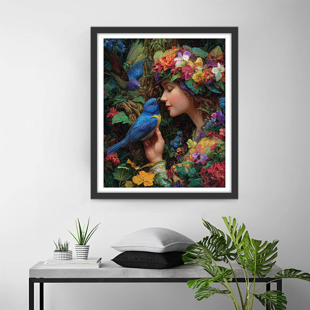 Bloemengodin en Blauwe Vogels Diamond Painting