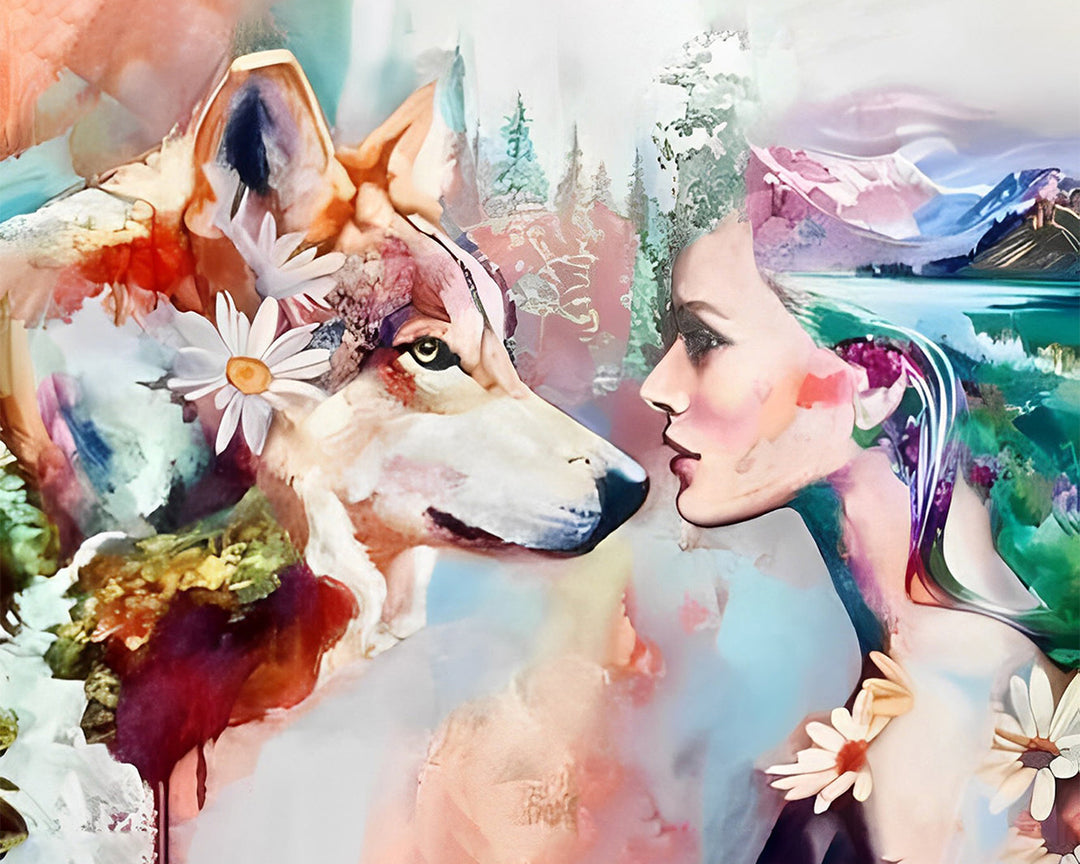 Bloemenwolf en Schoonheid Diamond Painting