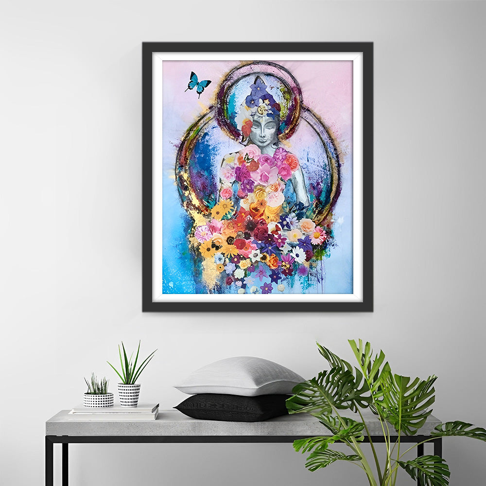 Boeddhabeeld Omringd door Bloemen Diamond Painting