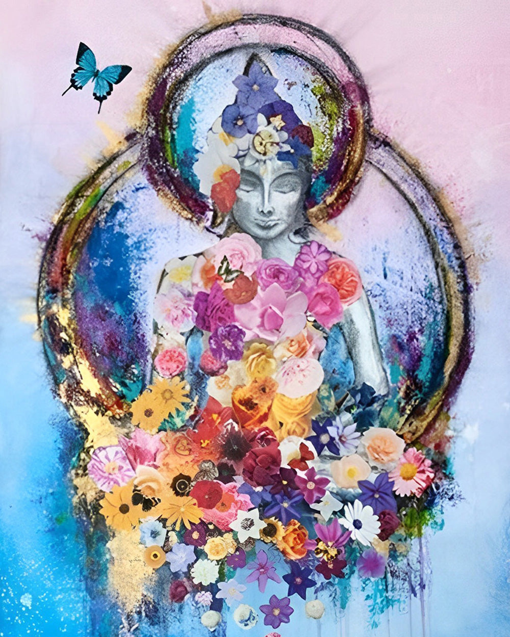 Boeddhabeeld Omringd door Bloemen Diamond Painting