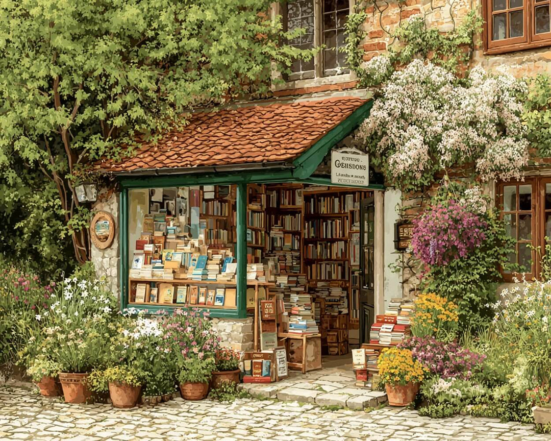 Boekenwinkel Omgeven door Groen Diamond Painting