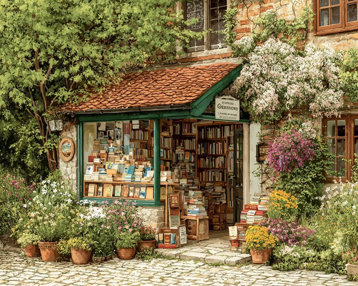 Boekenwinkel Omgeven door Groen Diamond Painting