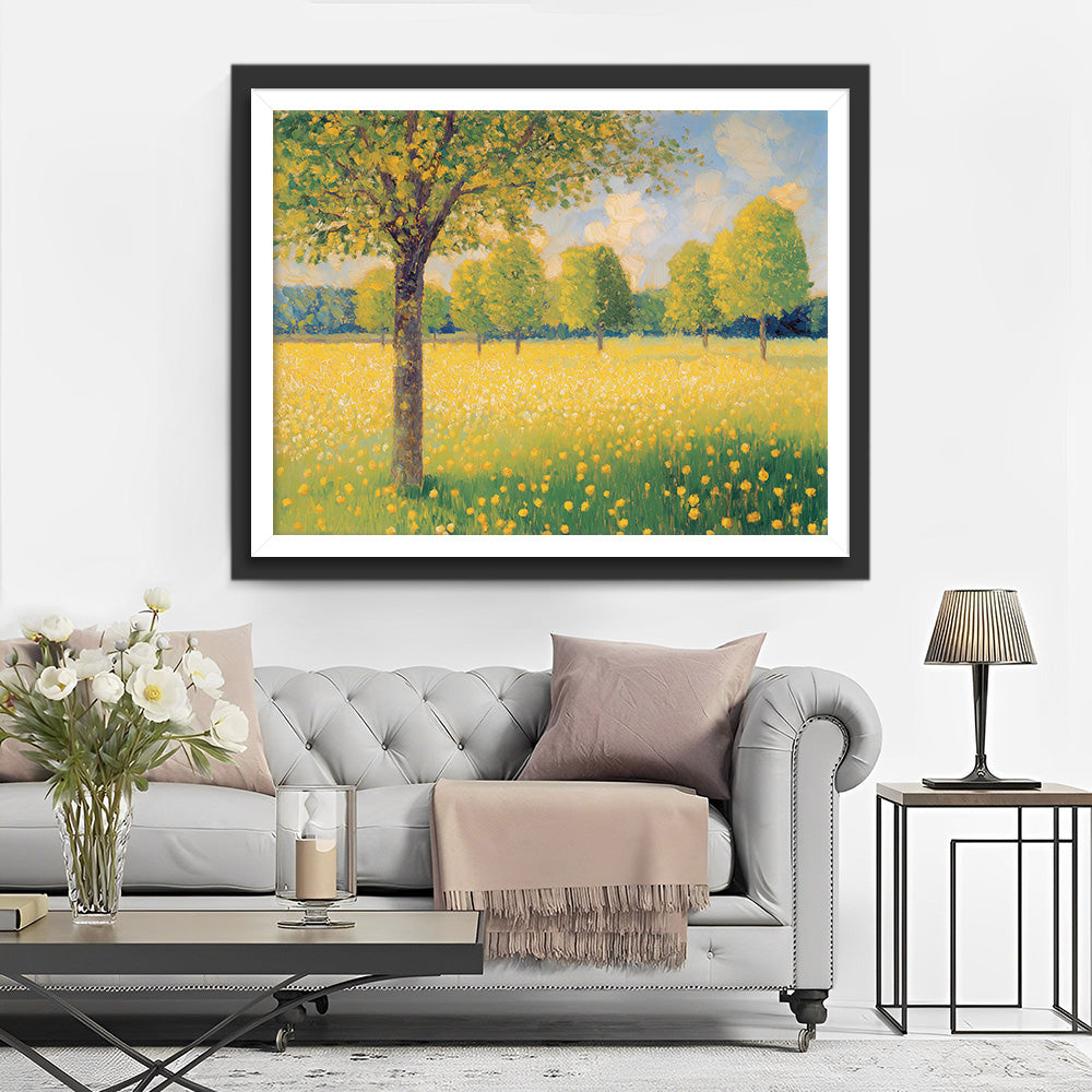 Bomen in Gele Bloemenweide Diamond Painting