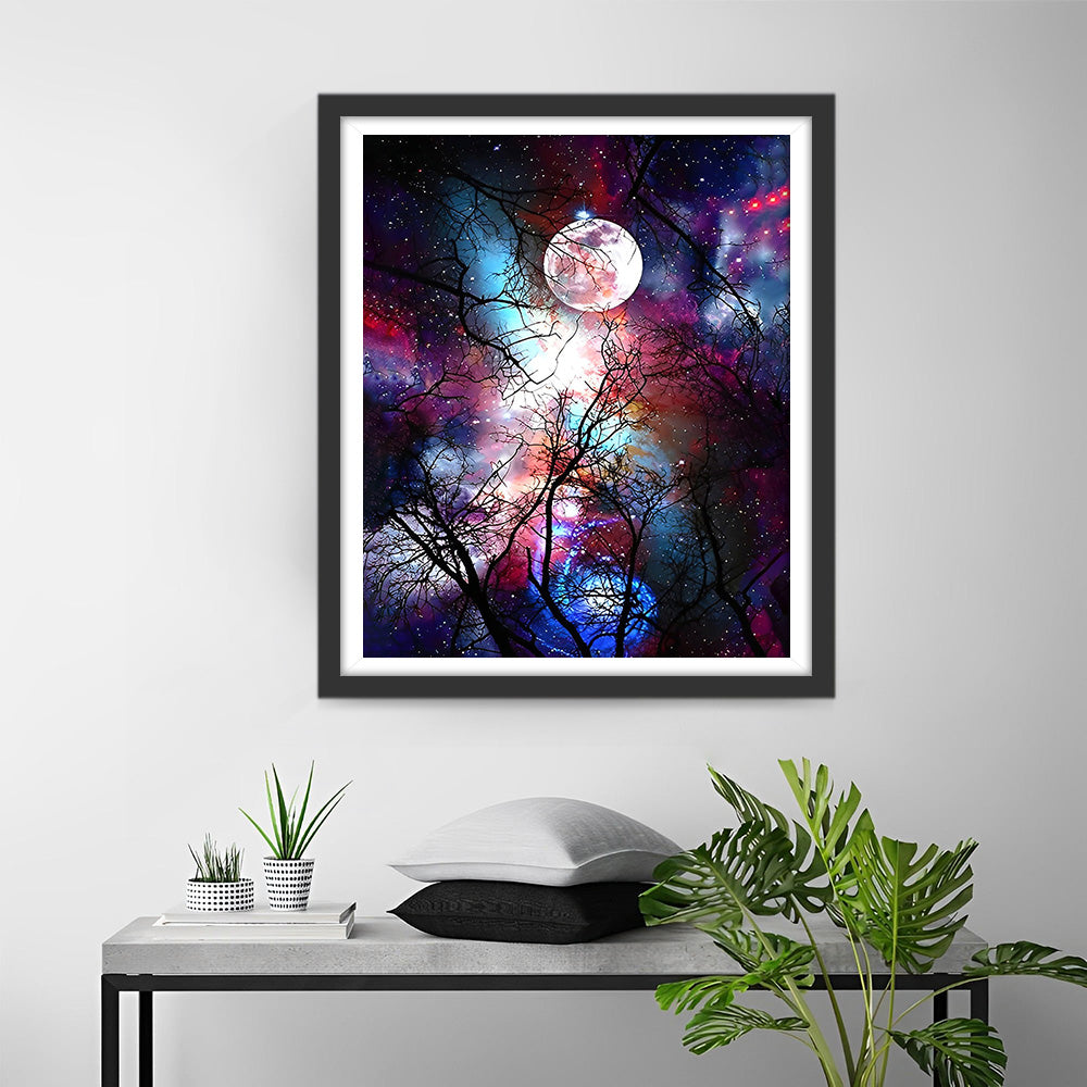 Boom en Maan onder Paarse Sterrenhemel Diamond Painting