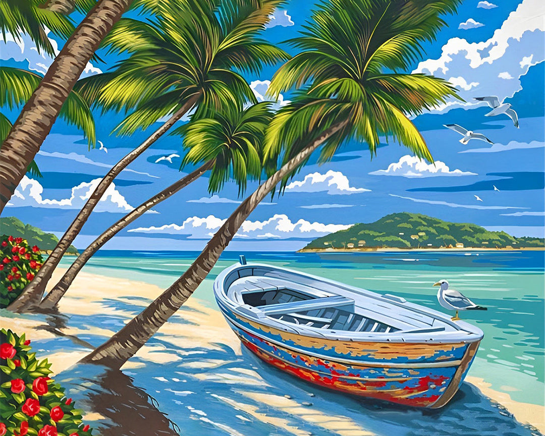 Boot en Palmbomen bij de Zee Diamond Painting