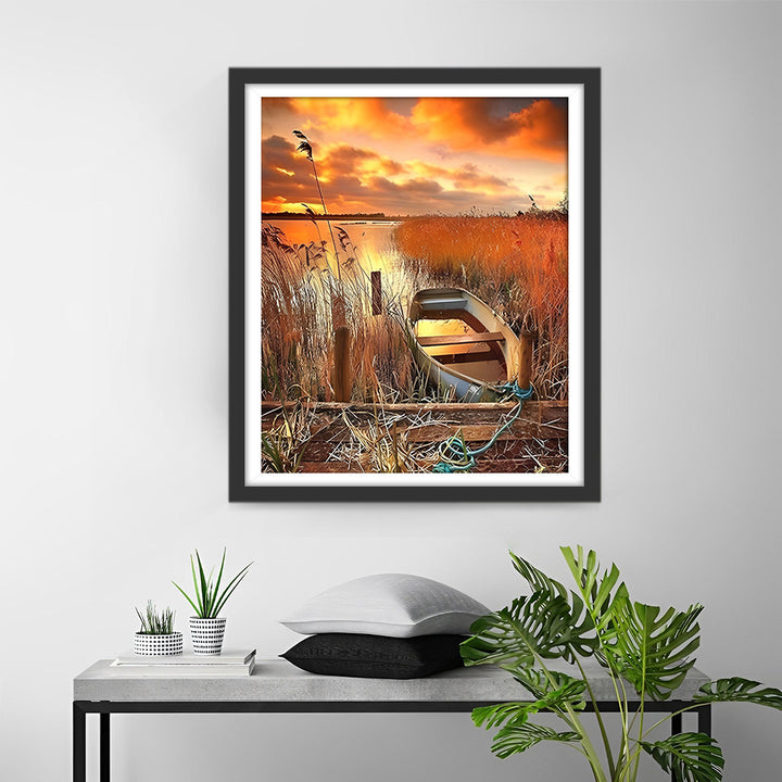 Boot in het Riet bij het Meer Diamond Painting
