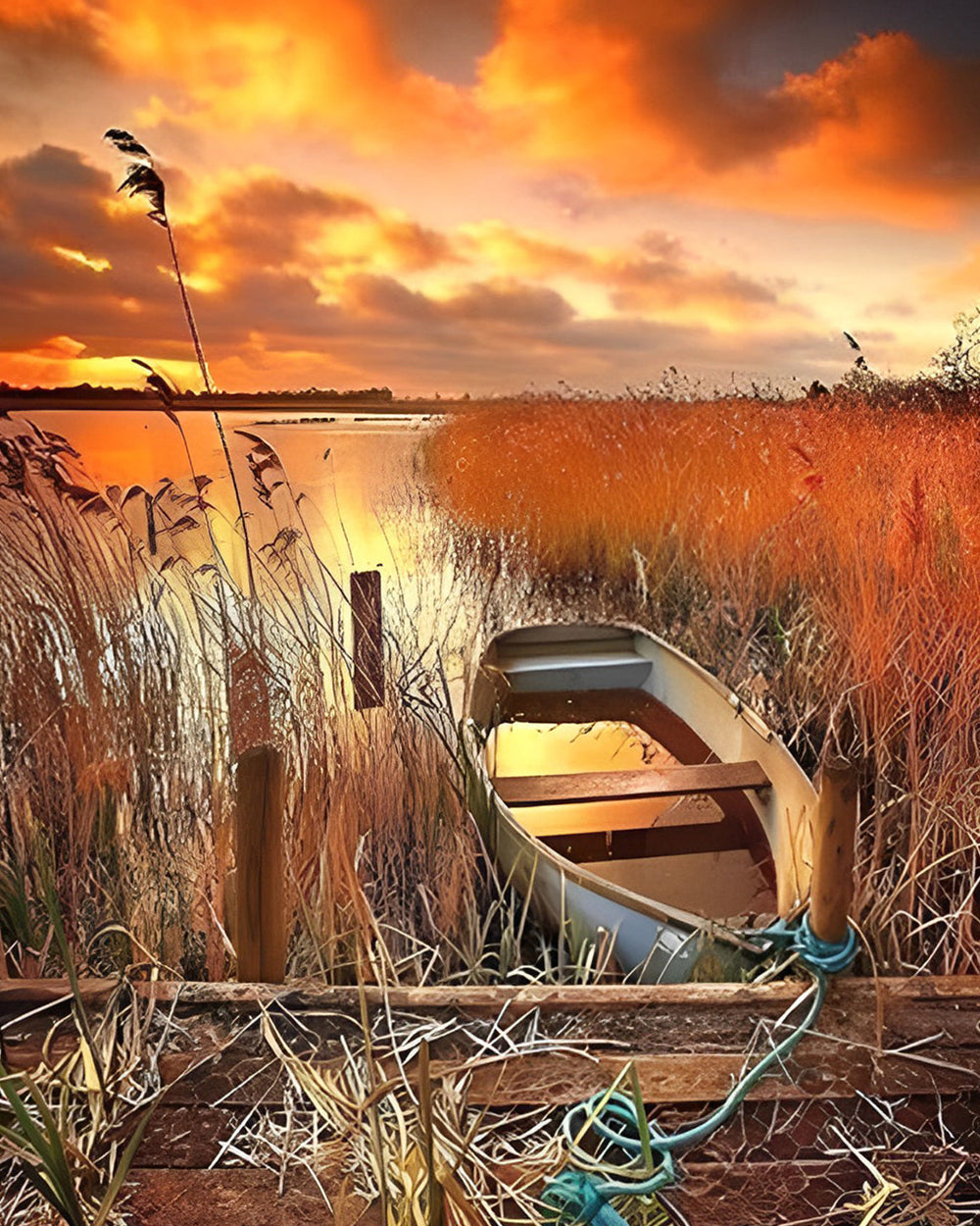 Boot in het Riet bij het Meer Diamond Painting