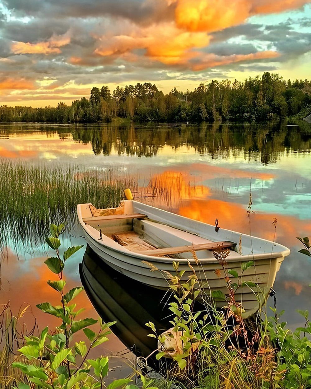 Boot op Herfst Meer bij Zonsondergang Diamond Painting