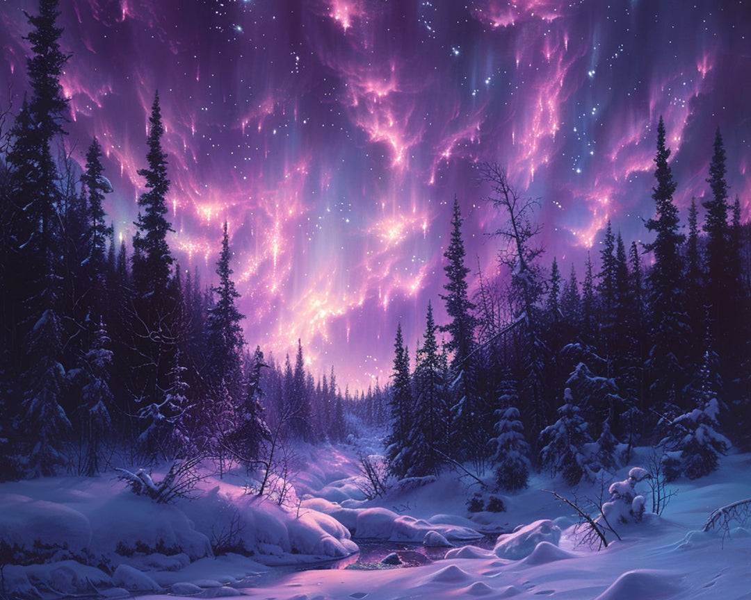 Bos en Paarse Aurora Diamond Painting