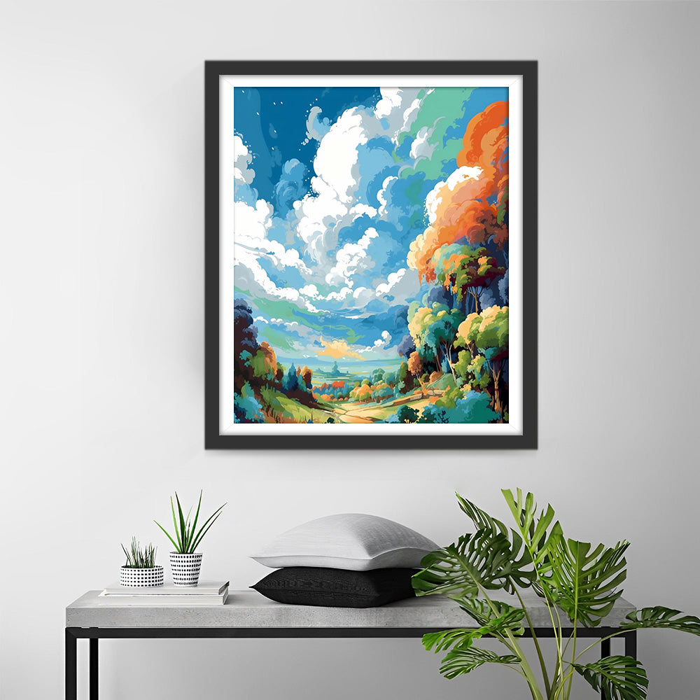 Bos onder de Kleurrijke Wolken Diamond Painting