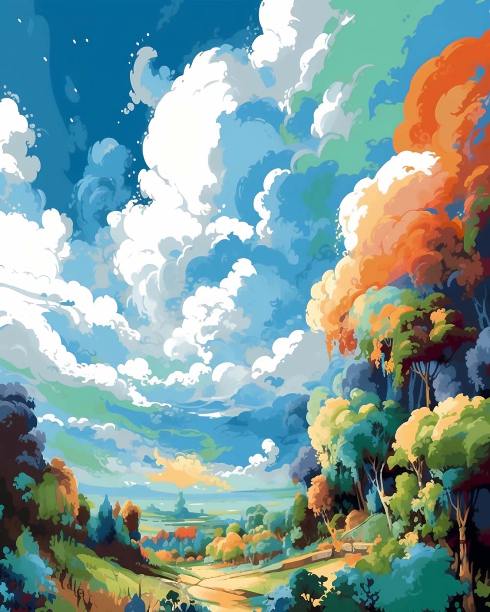 Bos onder de Kleurrijke Wolken Diamond Painting