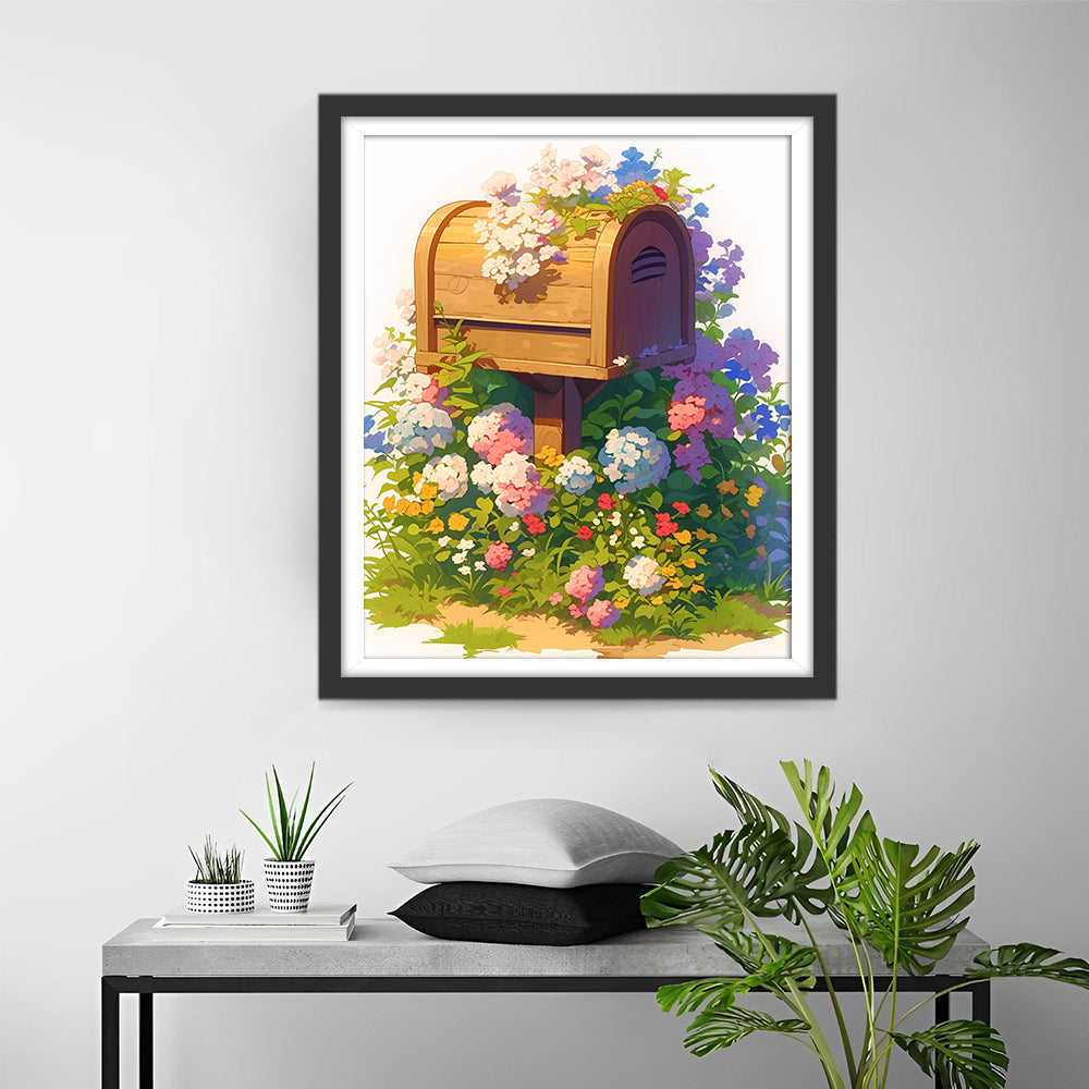 Brievenbus Omgeven door Hydrangeapracht Diamond Painting