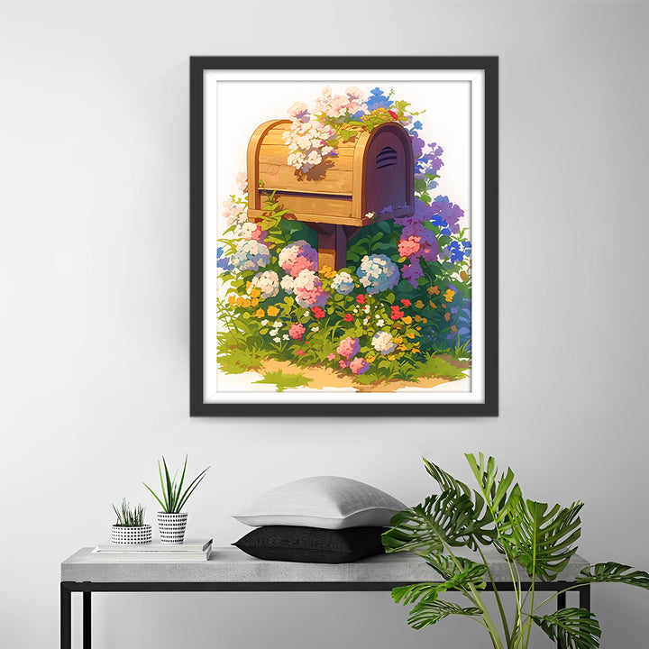 Brievenbus Omgeven door Hydrangeapracht Diamond Painting
