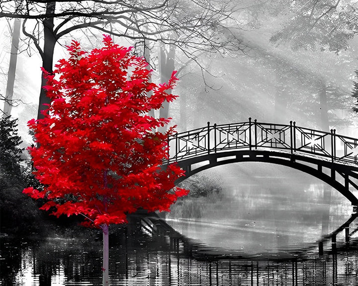 Brug en Rode Boom in het Bos Diamond Painting