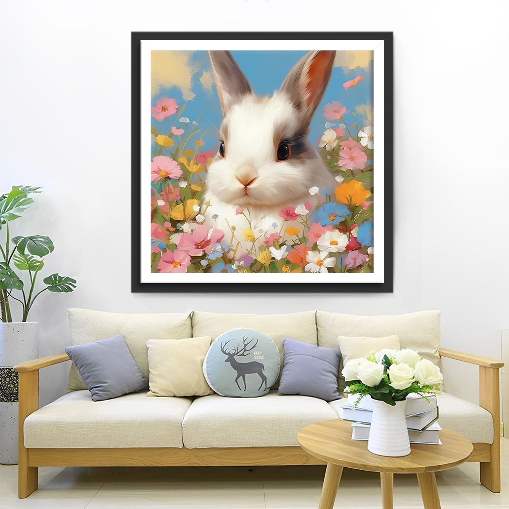 Bruin en Wit Konijn in de Struik Diamond Painting