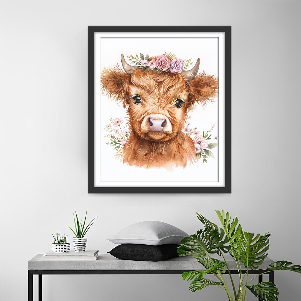 Bruin Kalf met Roze Bloemen Diamond Painting